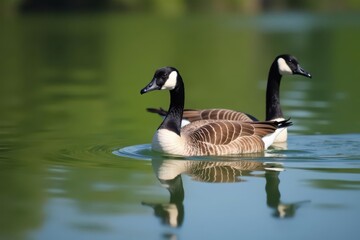 Obraz premium Canadian geese glide on calm water, necks arched , avian, aquatic