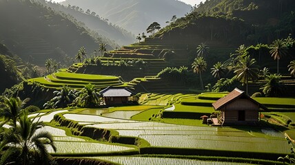 Landscape of terraced rice fields, characterized by their lush green and golden hues.