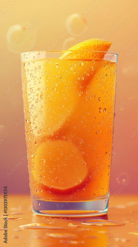 Poster refreshing close-up of a chilled glass filled with sparkling drink and citrus slices on a warm eveni