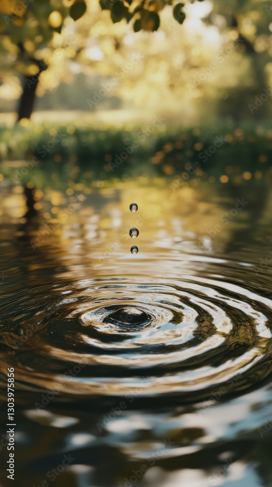 Poster ripples form on the surface of a tranquil pond as water droplets fall in a serene natural setting du