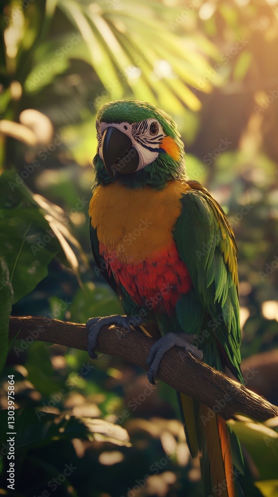 Poster colorful parrot perched on branch amidst lush greenery during golden hour in an enchanting forest se