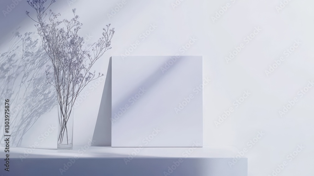 Poster minimalist display featuring a blank canvas and delicate flowers in a serene, softly lit environment