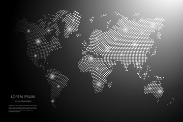Abstract image World map from point Gray and glowing stars on a dark background. Vector illustration eps 10.