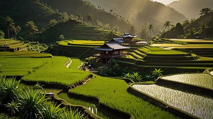 Landscape of terraced rice fields, characterized by their lush green and golden hues.