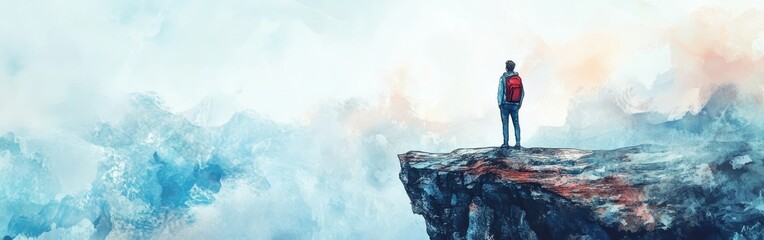 Exploring the horizon from a cliff edge with a backpack during a serene watercolor landscape