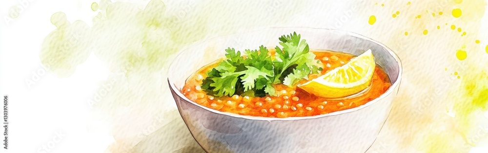 Aufkleber close-up of a vibrant bowl of lentil soup with lemon and cilantro on a watercolor background