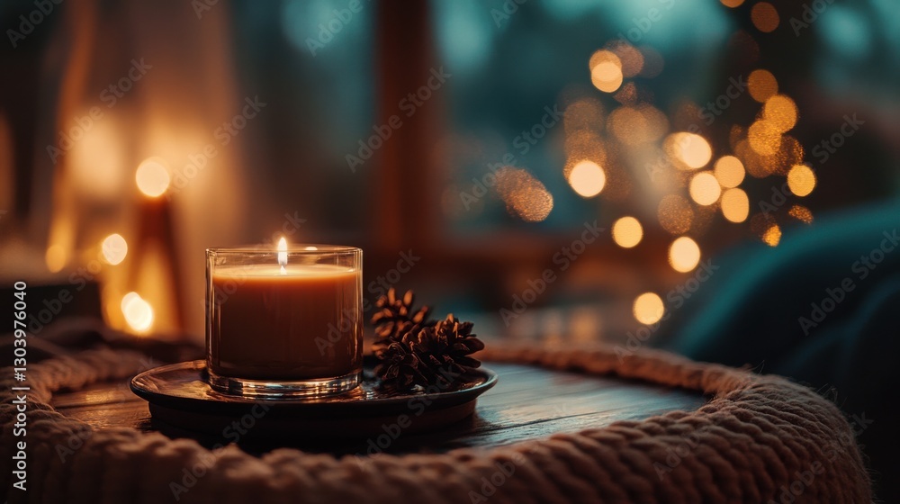 Aufkleber Warm caramel and chocolate brown bokeh tones create a cozy atmosphere with fragrant candles and pinecones in a relaxing setting