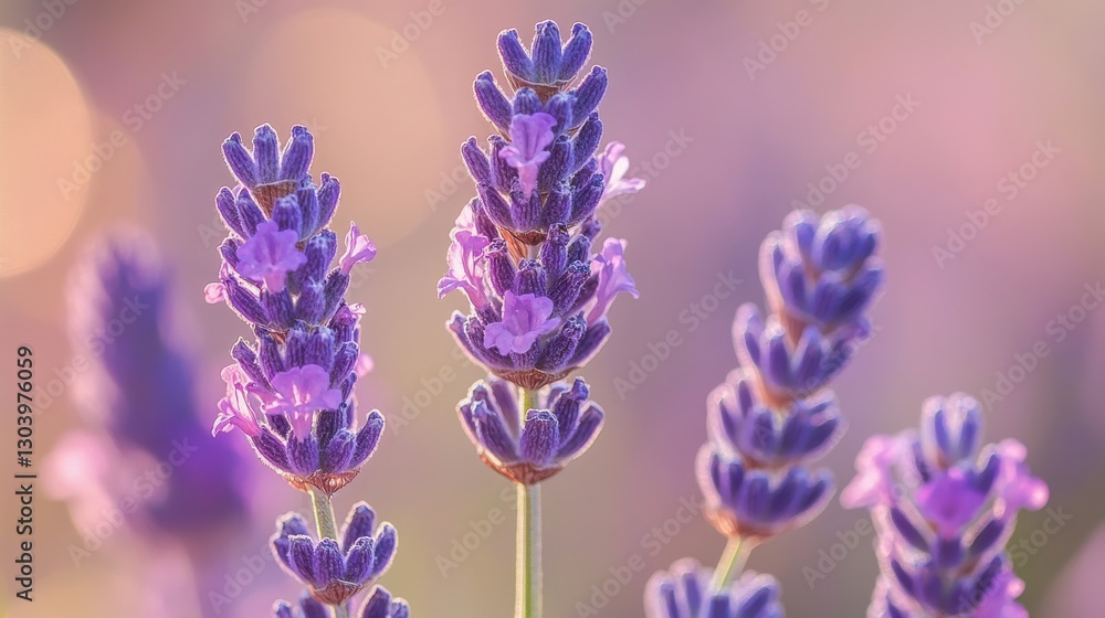 Poster lavender blooms with pastel bokeh create a dreamy spring atmosphere in a serene garden setting