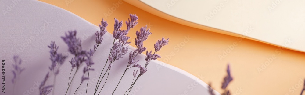 Poster soft pastel amber and lavender flowers create a serene and calming atmosphere in a modern setting