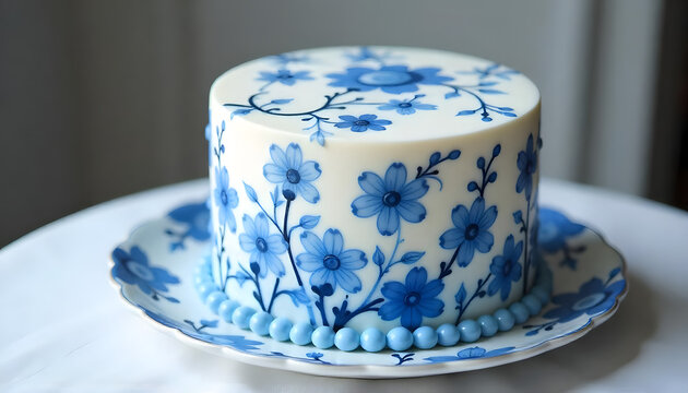 Elegant white cake with intricate blue floral icing, showcasing delicate craftsmanship and a beautiful design.