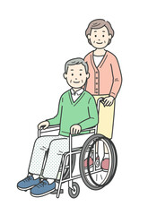 車椅子の高齢男性性と介助ををする高齢女性の全身イラスト