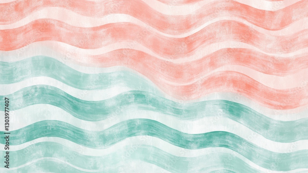 Poster Elegant pencil strokes creating a textured backdrop with flowing waves in soft coral and mint colors