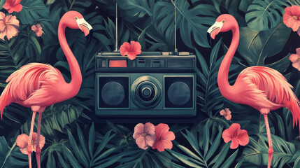 Tropical scene with flamingos and vintage radio