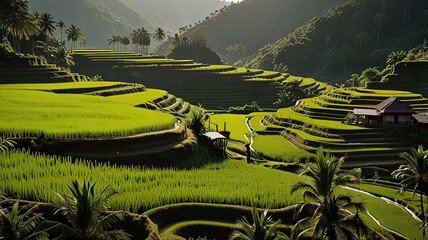 Landscape of terraced rice fields, characterized by their lush green and golden hues.