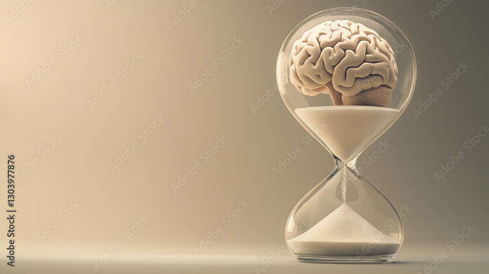 Poster a brain encased in an hourglass symbolizes the interplay between time and intellect, highlighting th