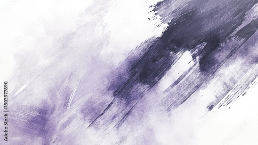 Poster abstract white composition with soft lavender and gray brush strokes creating a serene atmosphere