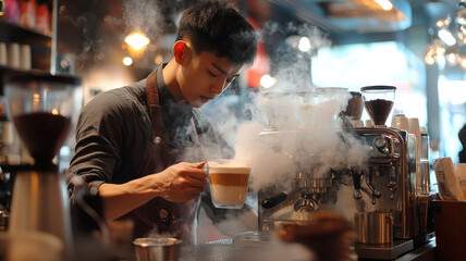 barista preparing latte with fresh milk in coffee shop, steam rising