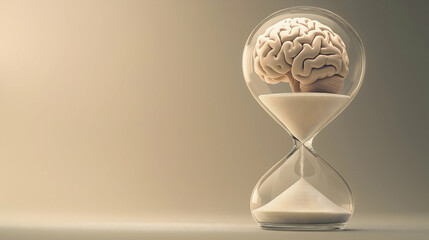 A brain encased in an hourglass symbolizes the interplay between time and intellect, highlighting the urgency of mental processes.