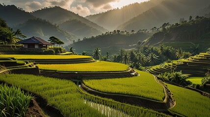 Landscape of terraced rice fields, characterized by their lush green and golden hues.