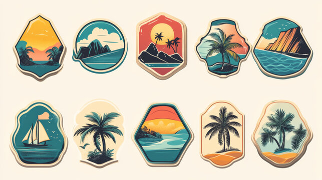 Summer labels and logos featuring tropical landscapes and beaches