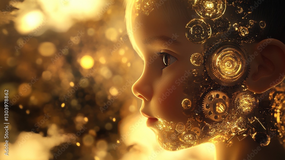 Poster Child with glowing gears and radiant light creating an enchanting visual effect in a whimsical setting