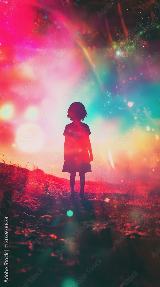 Poster vibrant visualization of a glowing child standing against a colorful cosmic backdrop at twilight