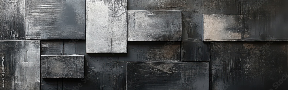 Poster textured charcoal gray background featuring layered rectangular shapes with varied finishes and dept