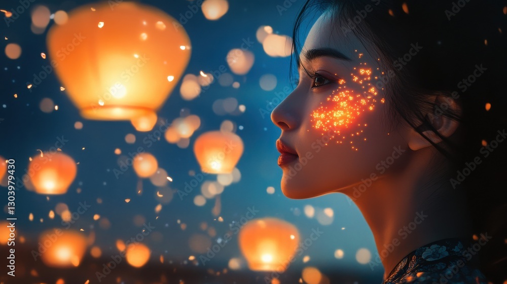 Leinwandbilder surreal visualization of a woman's face illuminated by glowing lanterns and sparkling elements durin