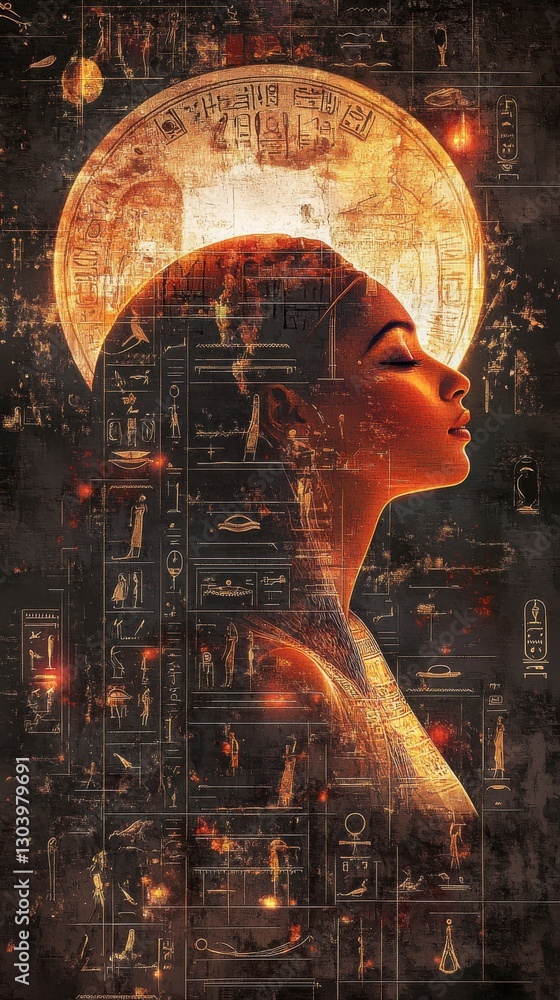 Aufkleber surreal representation of a glowing woman with ancient symbols and lights emanating from her profile