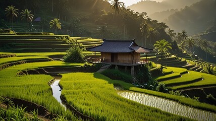 Landscape of terraced rice fields, characterized by their lush green and golden hues.