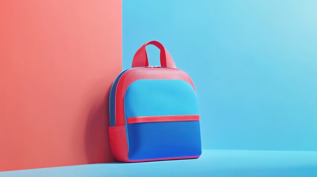 A vibrant, stylized backpack in red and blue with wing-like features on the top; the front showcases a bold design with raised textures resembling armor.