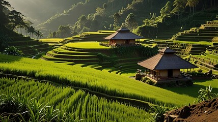 Landscape of terraced rice fields, characterized by their lush green and golden hues.