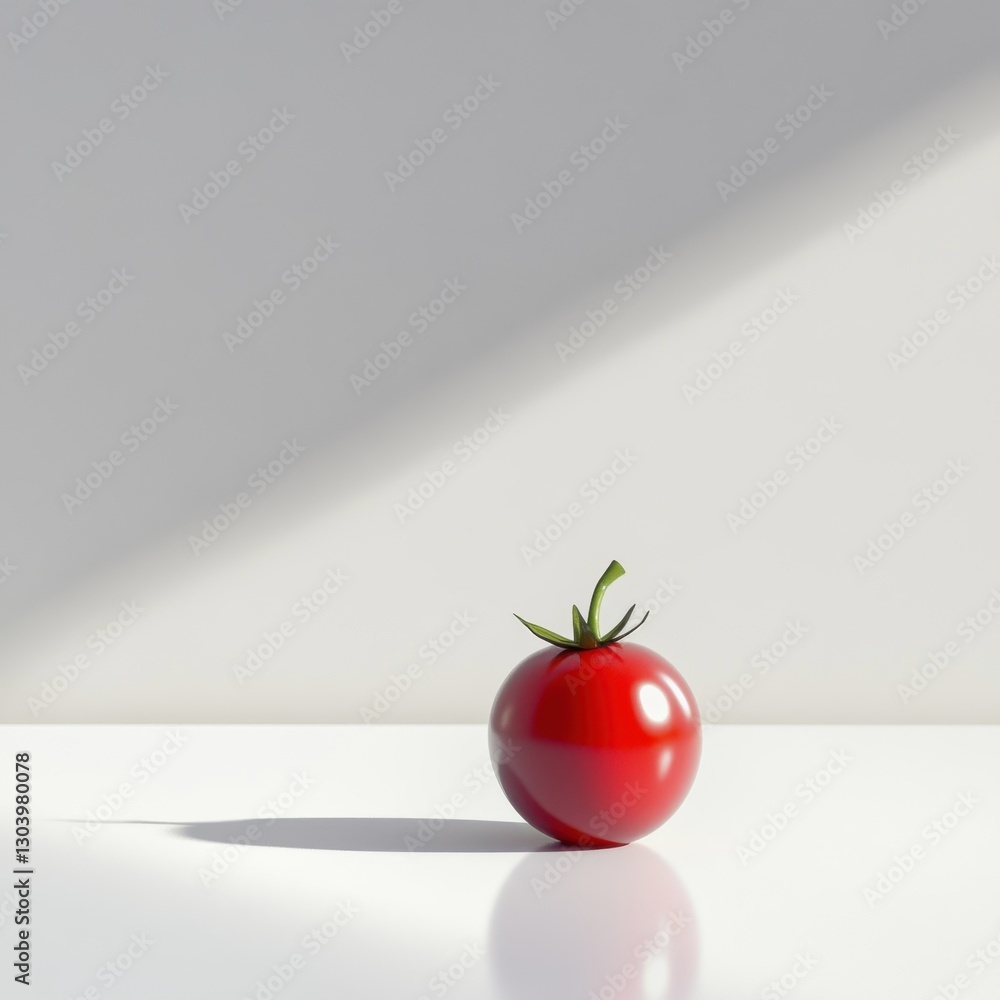 Poster fresh glossy red cherry tomato on a clean surface contrasting against a minimalistic background in a