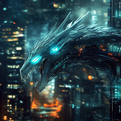 Abstract dragon in high tech background image, generative AI illustration