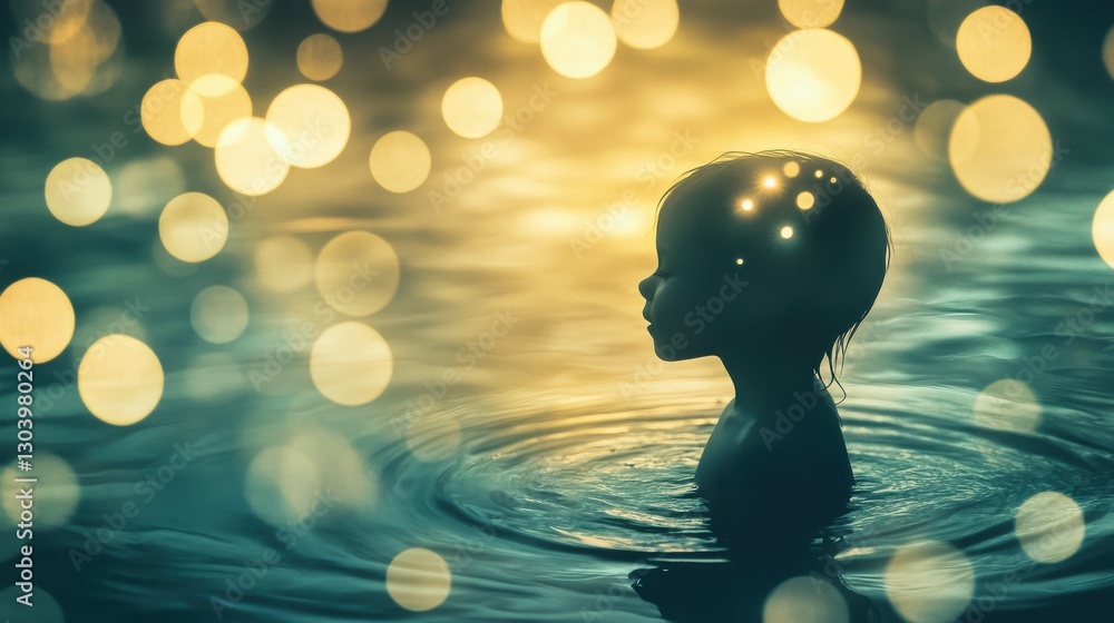 Leinwandbilder child illuminated by soft light while playing in water during twilight hours in a tranquil setting