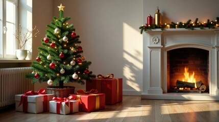 A sunlit room with a decorated Christmas tree, presents, and a fireplace burning