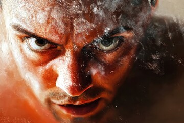 An intense close up showing a determined man staring intently ahead