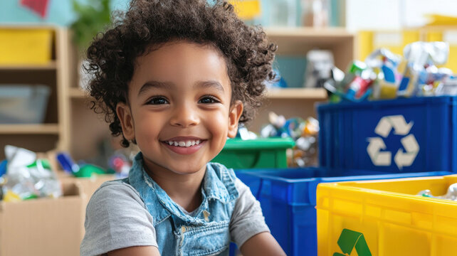 young child smiling while learning about recycling in colorful classroom
