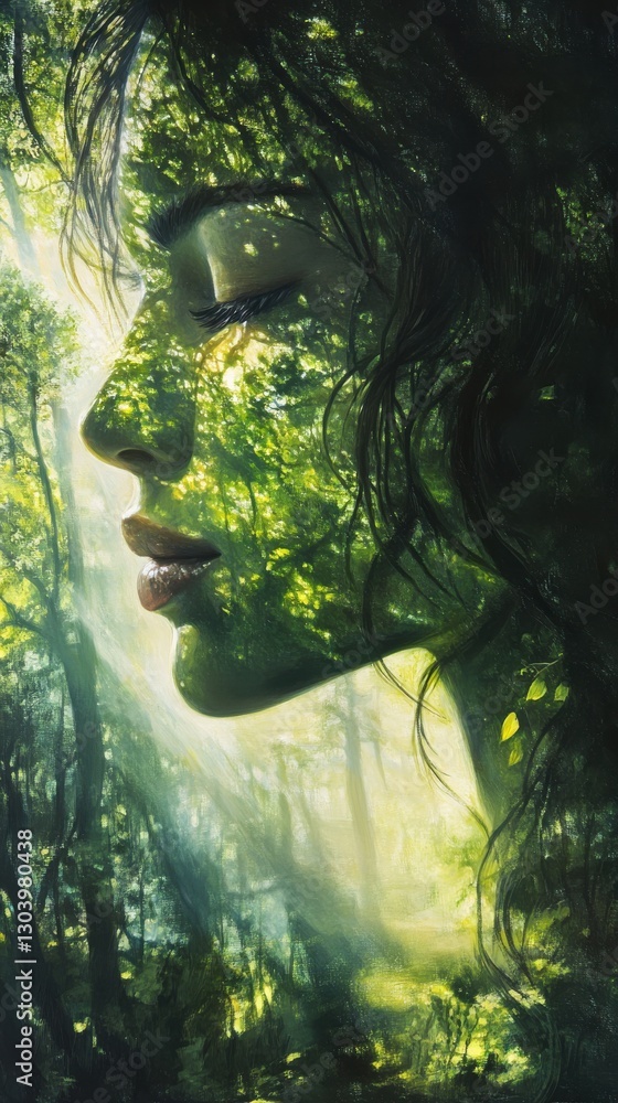 Aufkleber glowing serenity captured in a woman's face amidst a lush forest setting with soft sunlight filterin