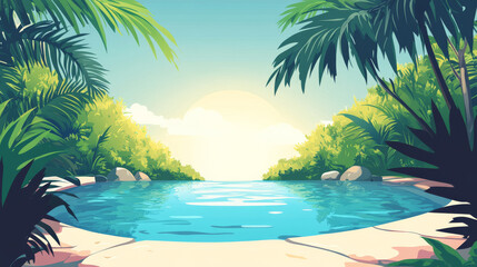 Fototapeta premium serene pool surrounded by lush greenery and sunlight