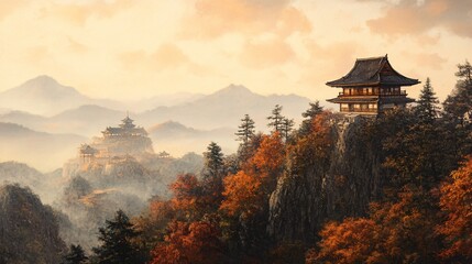 Fototapeta premium Serene Landscape Featuring Ancient Asian Architecture Surrounded by Autumn Foliage and Majestic Mountains Under a Tranquil Sky with Soft Orange and Brown Hues