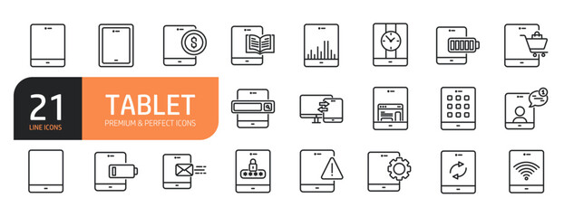Set of line icons related to tablet and more. Outline icons collection. Editable stroke. Vector illustration.