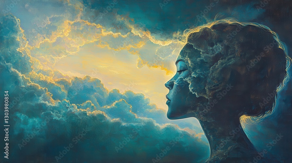 Aufkleber mystical profile of a woman surrounded by clouds and light during twilight hours