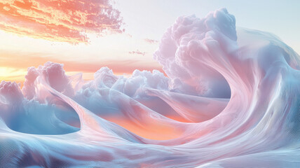 Abstract landscape of swirling clouds in pastel colors, evoking tranquility and wonder