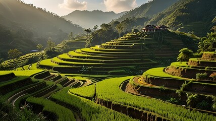 Landscape of terraced rice fields, characterized by their lush green and golden hues.