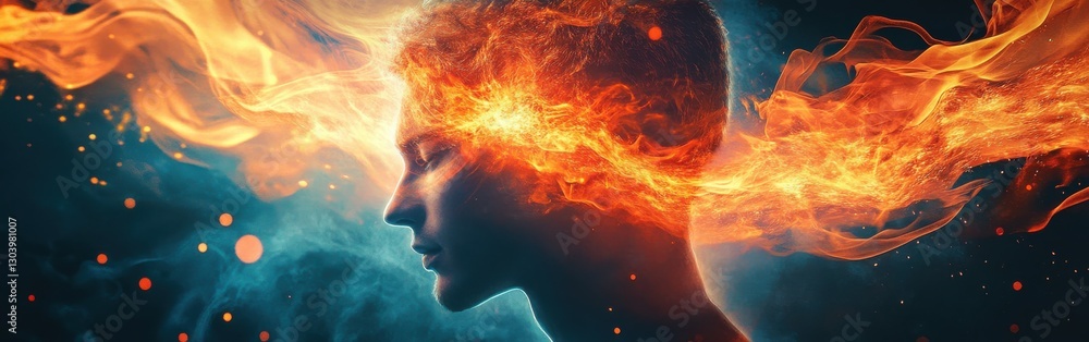 Aufkleber Mystical depiction of a man's profile filled with vibrant flames and ethereal energy in a surreal setting