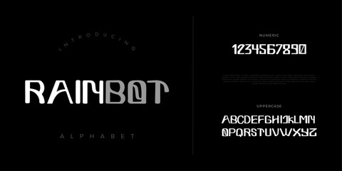 Rainbot creative modern geometric urban alphabet font. Digital abstract futuristic, game, techno, robot, music, logo, sport, minimal technology typography. Simple numeric vector illustration
