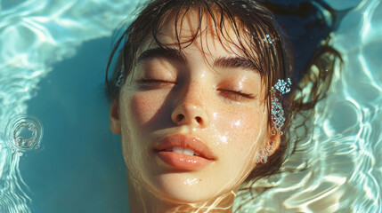 Close up of serene woman in clear water, with bubbles