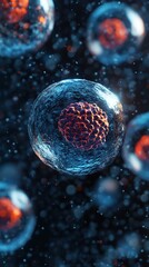 Naklejka premium Depiction of nanoparticle drug delivery systems interacting with human cells floating in a clean sterile medium