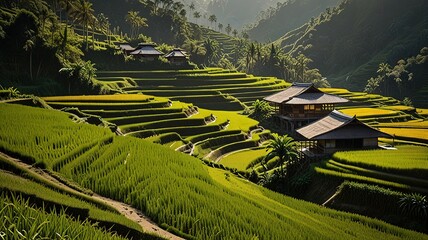 Landscape of terraced rice fields, characterized by their lush green and golden hues.
